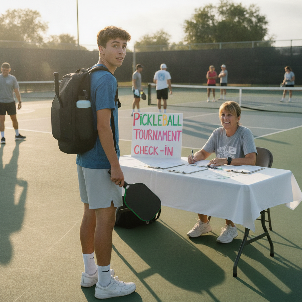 First-time pickleball tournament player checking in at registration table, holding paddle, looking around the venue