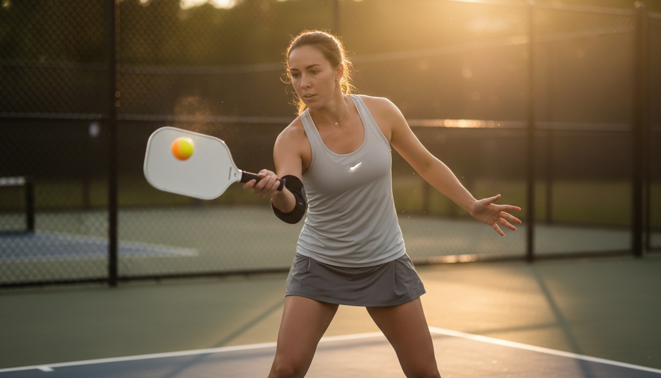 Female pickleball player on outdoor court at golden hour, mid-swing with a lightweight paddle