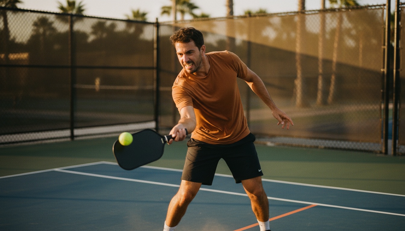 Competitive pickleball player executing powerful forehand drive on outdoor court at golden hour