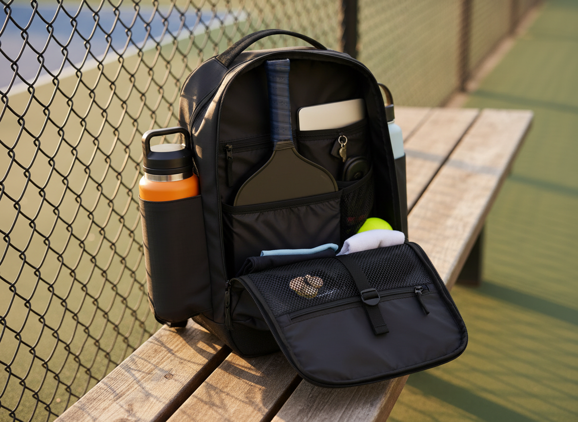 FORWRD Court Ranger V2 open on bench showing modular paddle sleeve and organized compartments