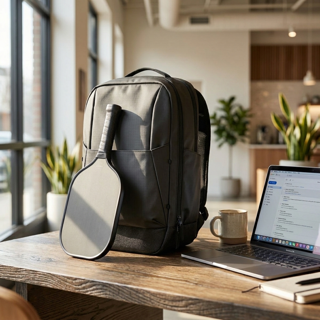 FORWRD Court Ranger V2 pickleball backpack on a desk in a modern office setting — work-to-court comparison
