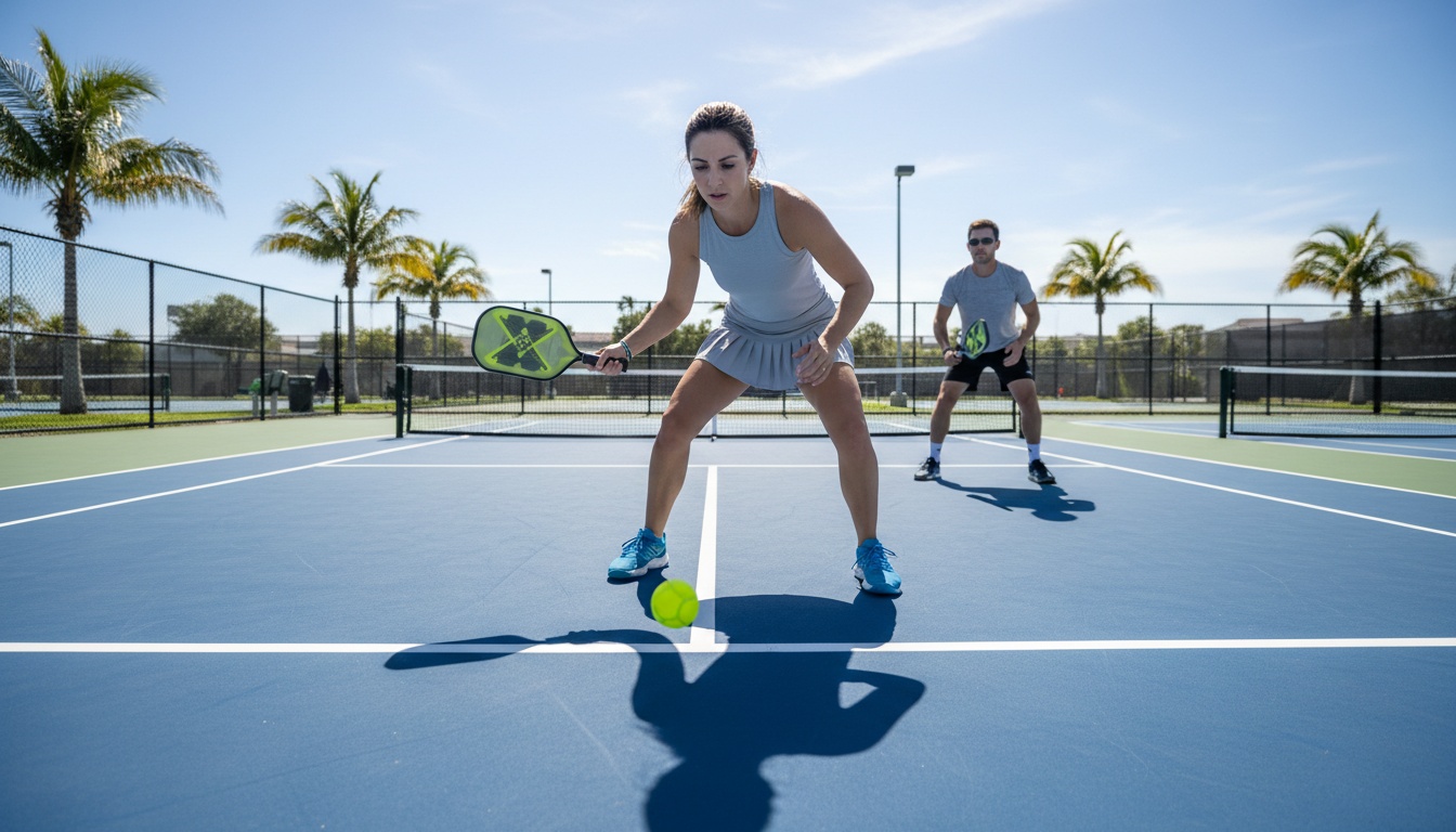 Two pickleball players mid-rally on an outdoor court, one player at the kitchen line watching the ball bounce near their feet during early rally, bright sunny day with visible court lines