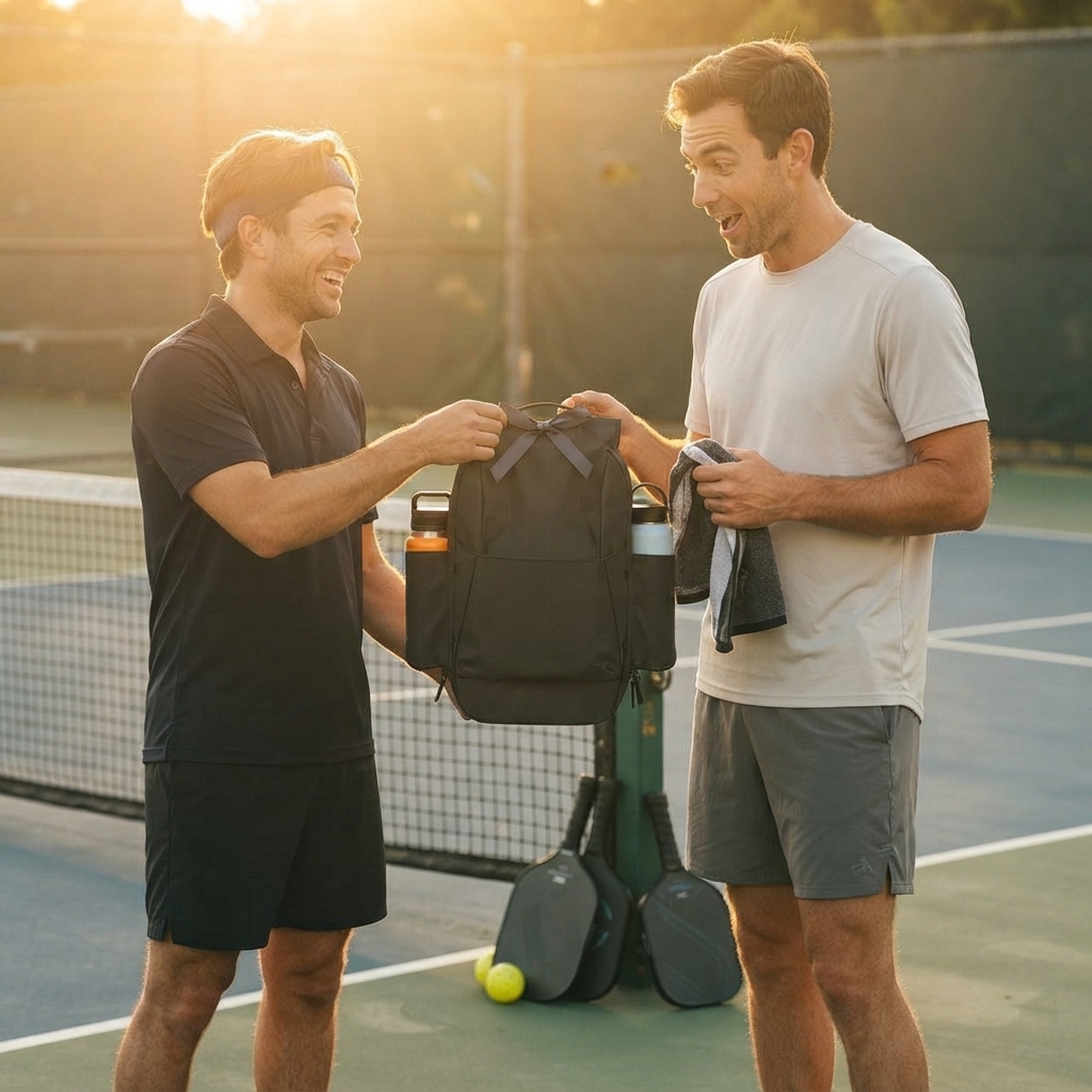Two pickleball players exchanging a gift after a match on an outdoor court at golden hour