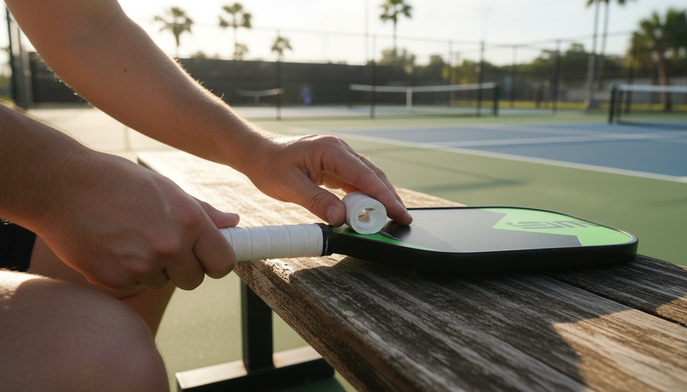 Player's hands carefully wrapping fresh grip tape around a pickleball paddle handle on a courtside bench