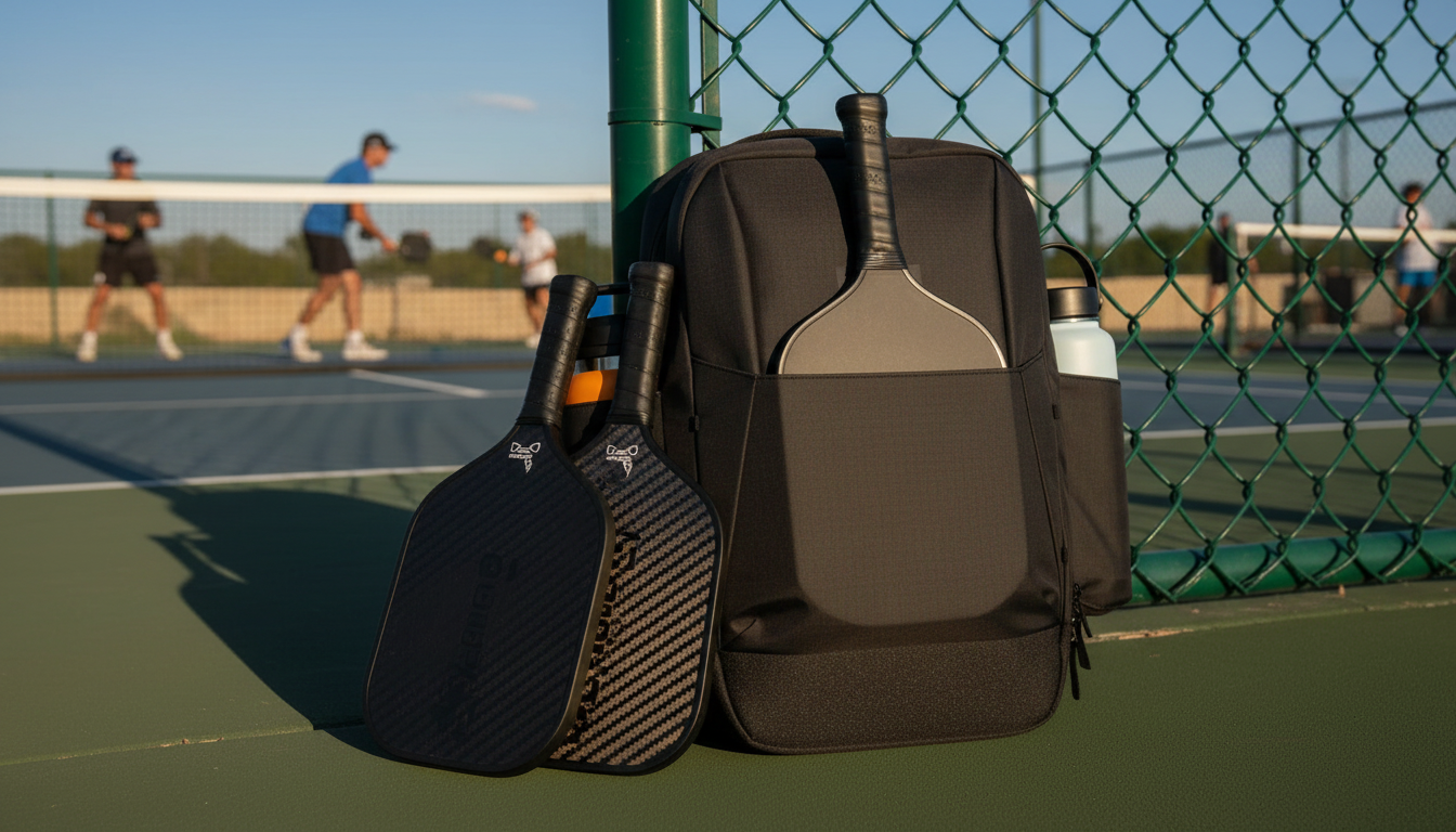 JOOLA Hyperion Pro V Ben Johns 16mm pickleball paddle leaning against court fence at sunset