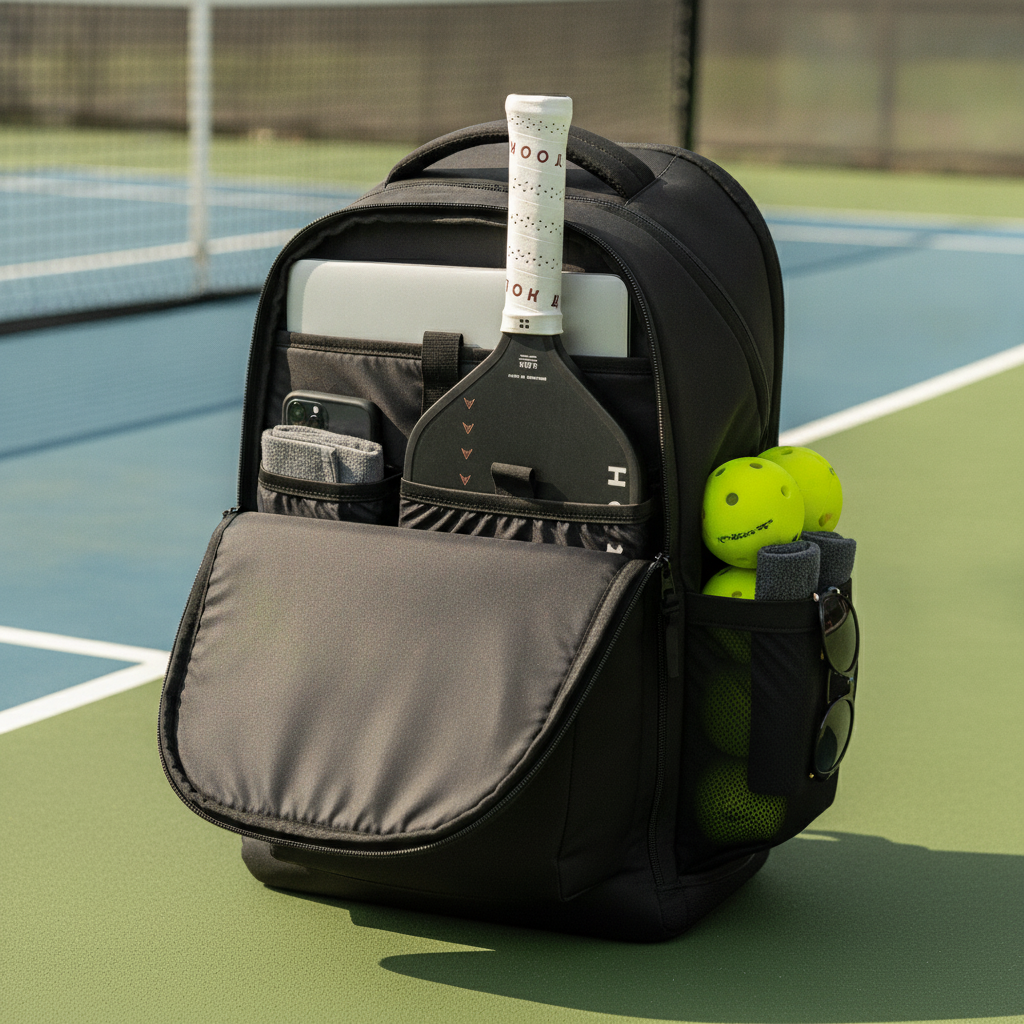 FORWRD Court Caddy open showing padded laptop sleeve and organized compartments