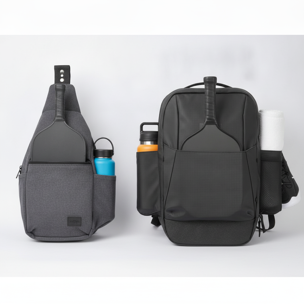 Side-by-side comparison of casual day bag vs fully packed tournament-ready pickleball backpack with all compartments organized