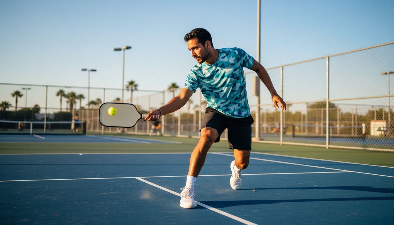 Pickleball player hitting a powerful drive from the baseline with an elongated paddle on an outdoor hard court