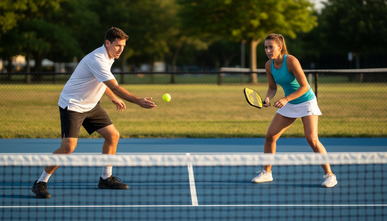 Two pickleball players competing in a skinny singles drill on one half of an outdoor court — kitchen exchange at the non-volley zone