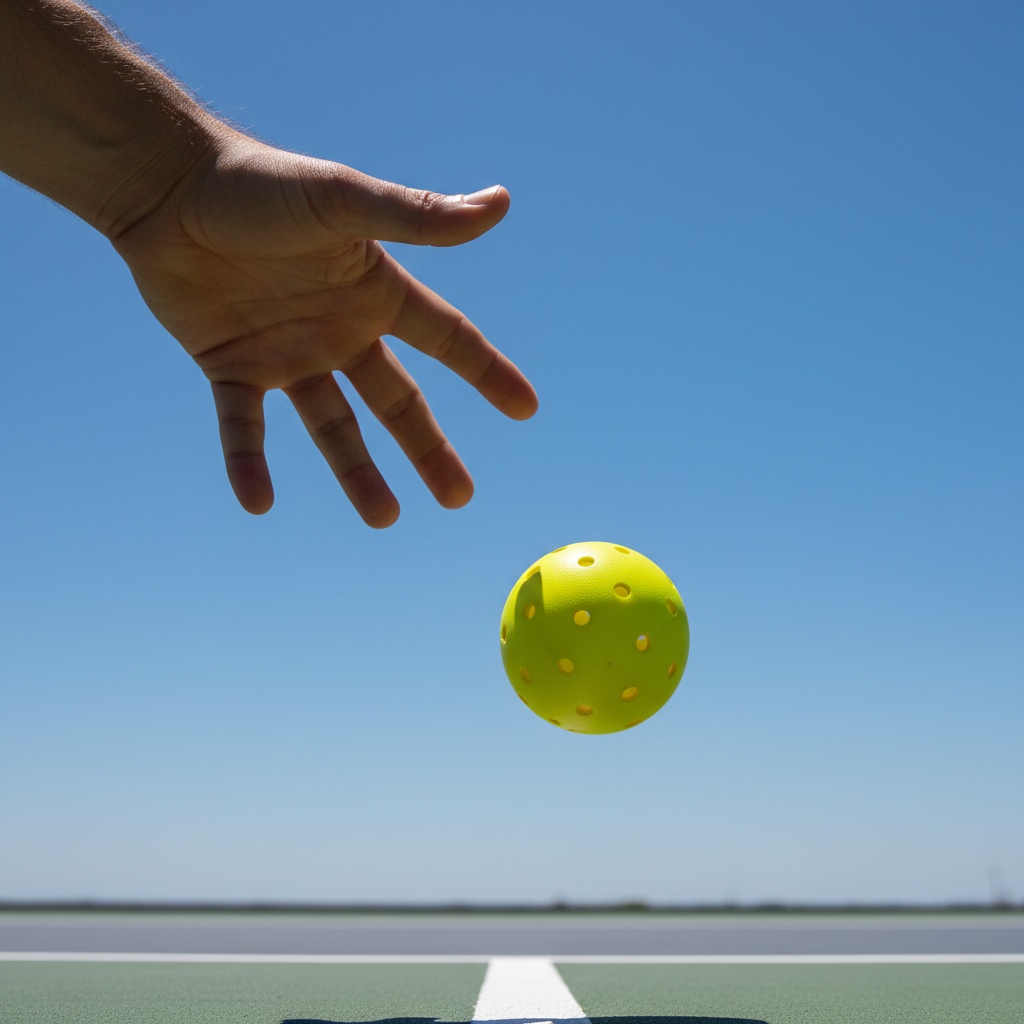 Close-up of player's hand releasing a pickleball in drop serve position, ball visible in air just below open palm, outdoor court surface visible below