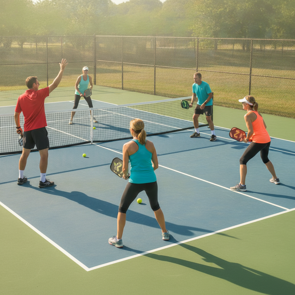 Group of adult pickleball players during a structured clinic drill session with a coach on an outdoor court