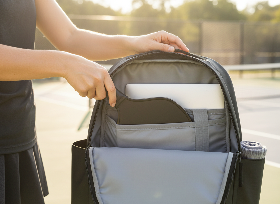 Close-up of a pickleball backpack interior showing separate laptop sleeve and paddle compartment with organized gear