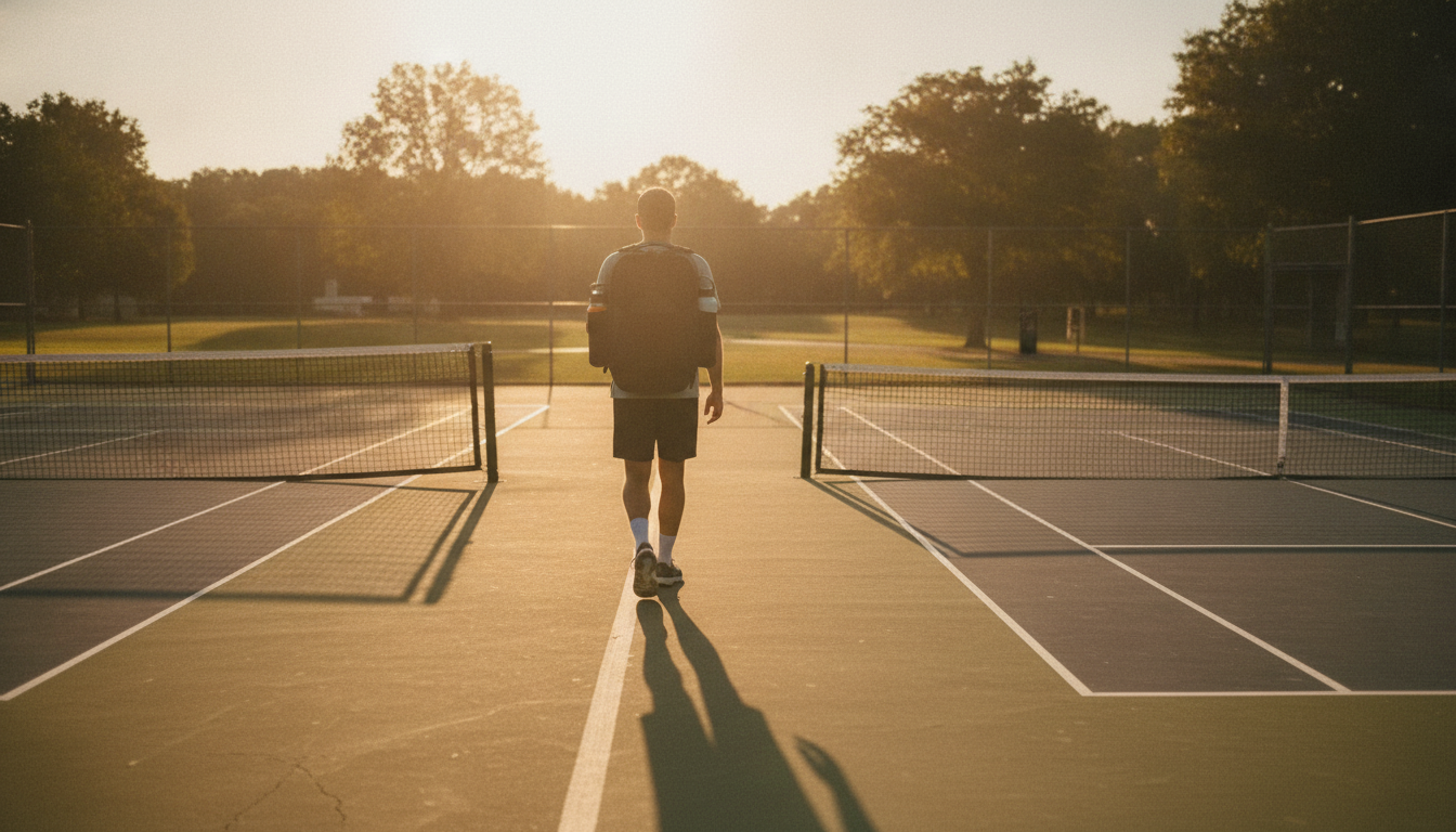 Player carrying a black pickleball backpack walking from a tennis court toward a pickleball court at golden hour