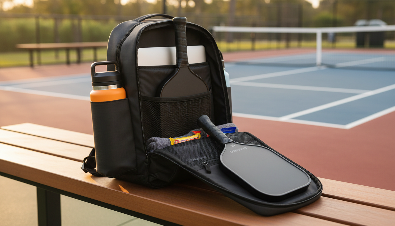 FORWRD pickleball backpack open on a courtside bench showing organized compartments with paddles, water bottle, and gear