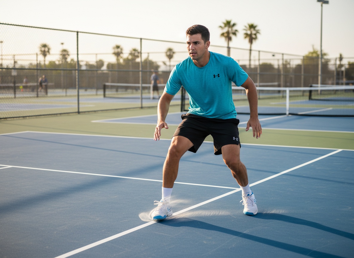 Pickleball player doing lateral shuffle footwork drills at the non-volley zone line on an outdoor court
