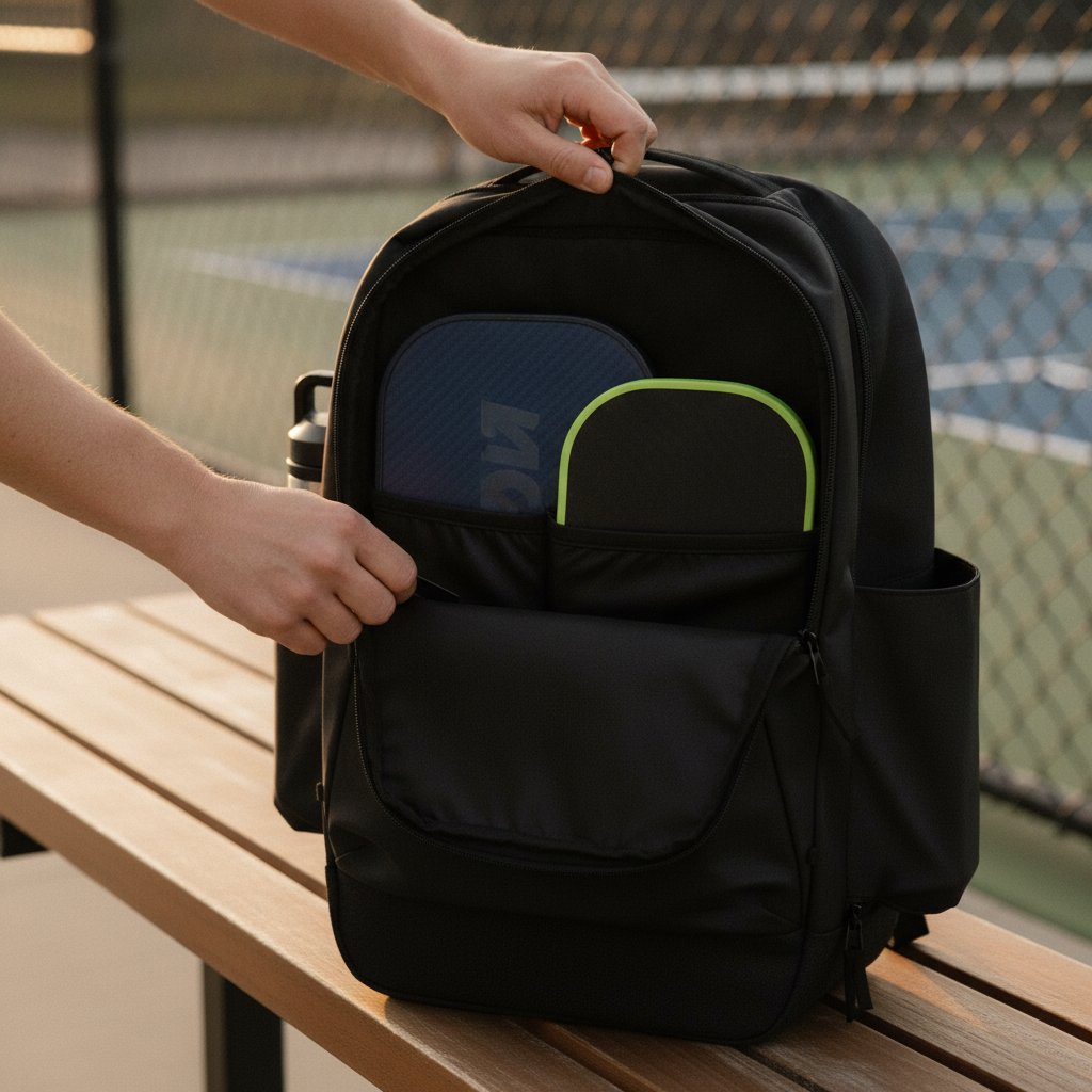 Premium pickleball backpack open on a court bench showing organized paddle sleeves and interior compartments