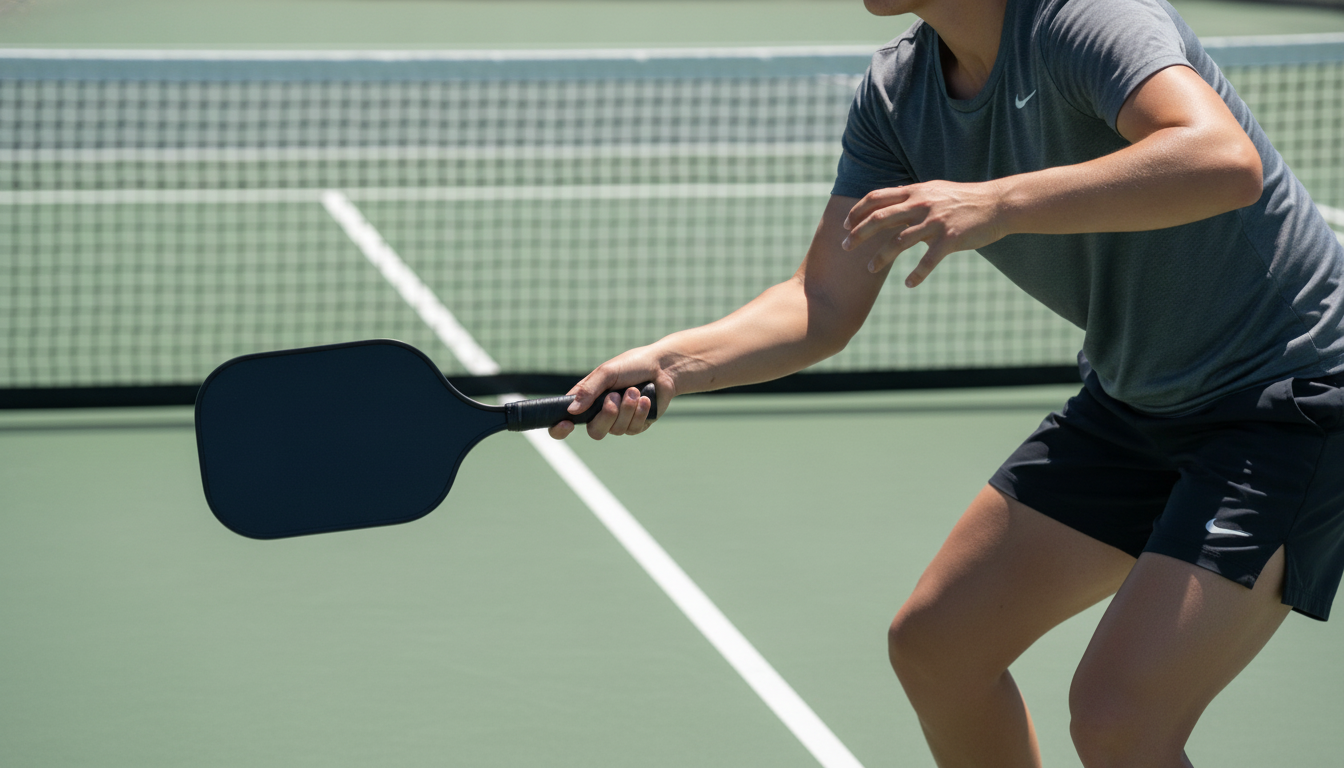 Player winding up for two-handed backhand with extended handle paddle, outdoor pickleball court