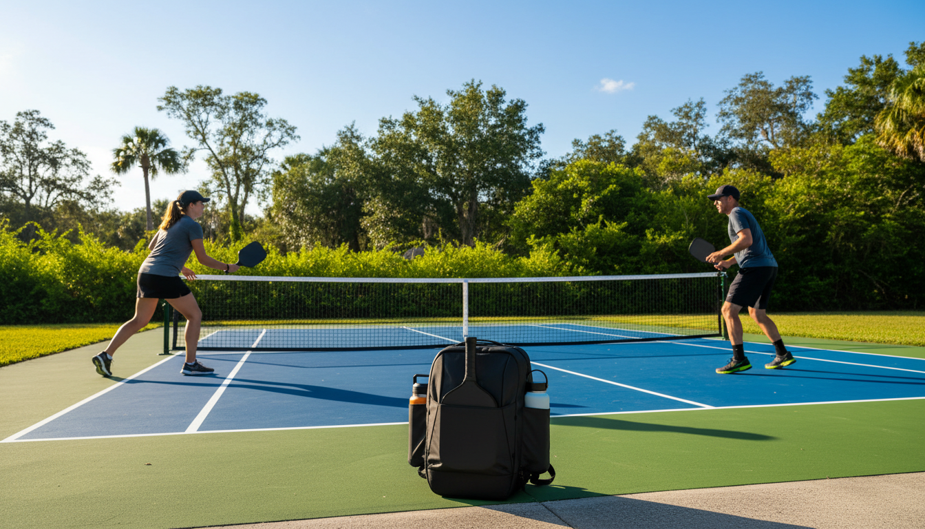 Outdoor pickleball court in afternoon sunlight — players mid-rally on blue and green hard court surface