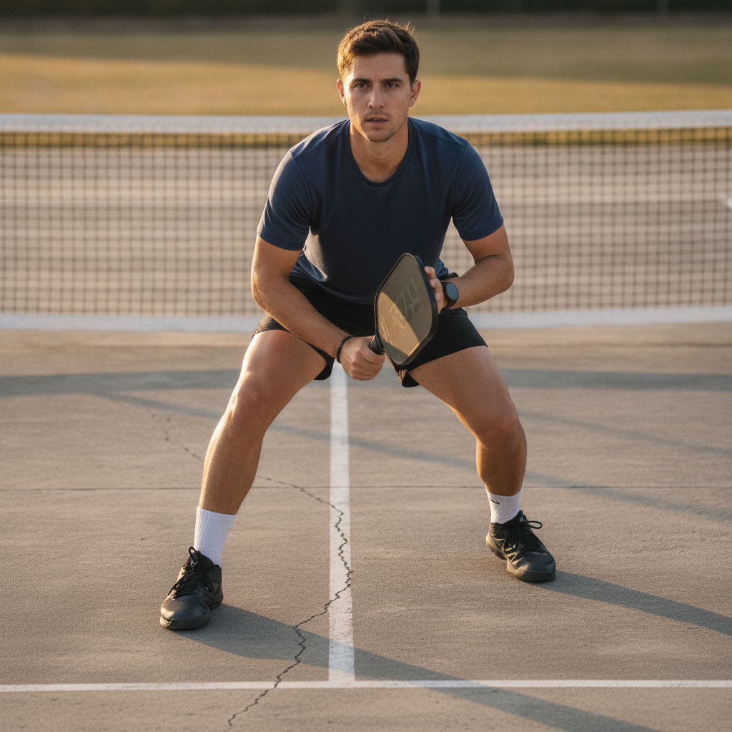 Pickleball player in low athletic stance moving forward through the transition zone toward the kitchen line
