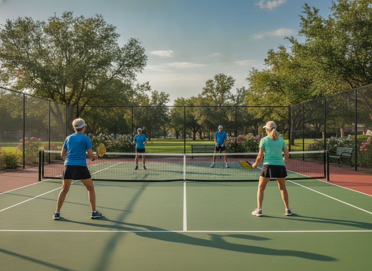 Retired players enjoying a pickleball game on a sunny outdoor court