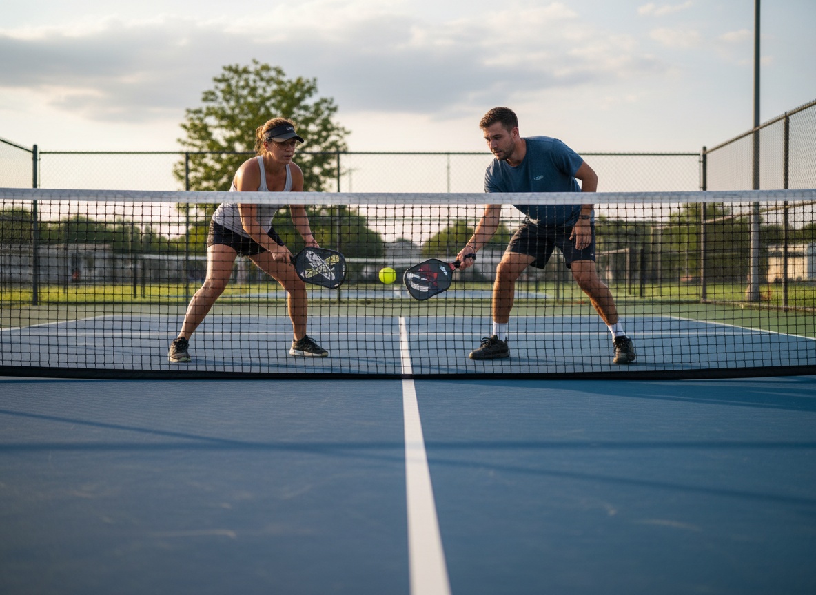 Two players exchanging dinks at the non-volley zone on a regulation outdoor pickleball court