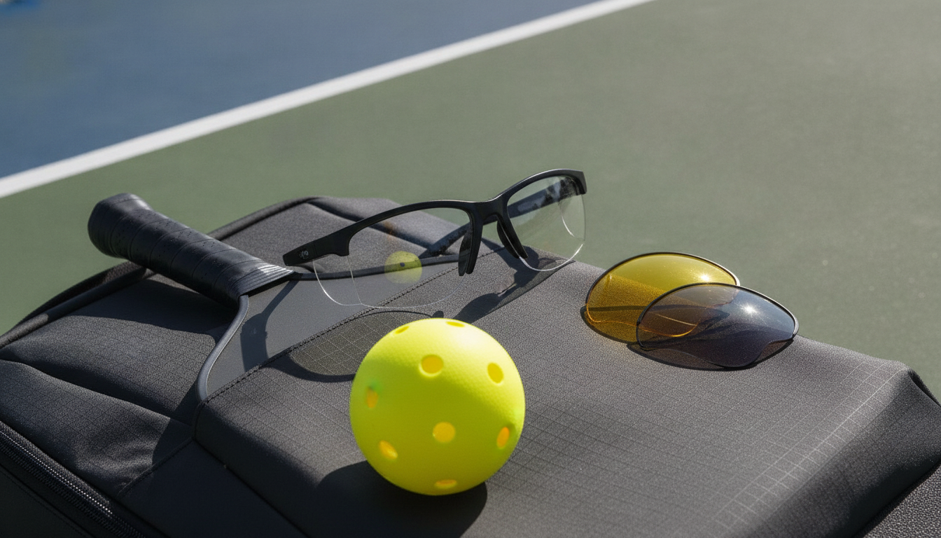 ONIX Falcon eyewear with three interchangeable lens options laid out on a pickleball court bag