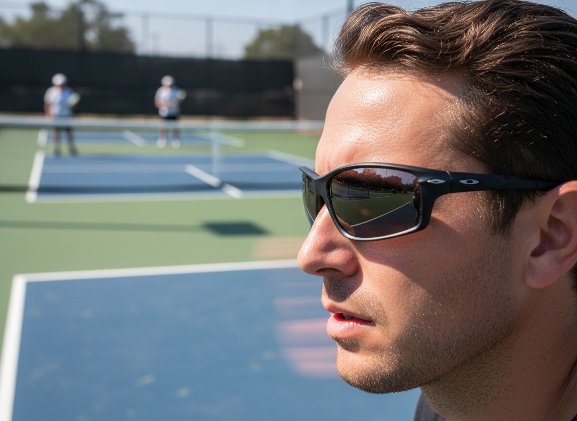 Player wearing sport wraparound sunglasses at midday outdoor pickleball court, lenses visibly darkened in direct sunlight