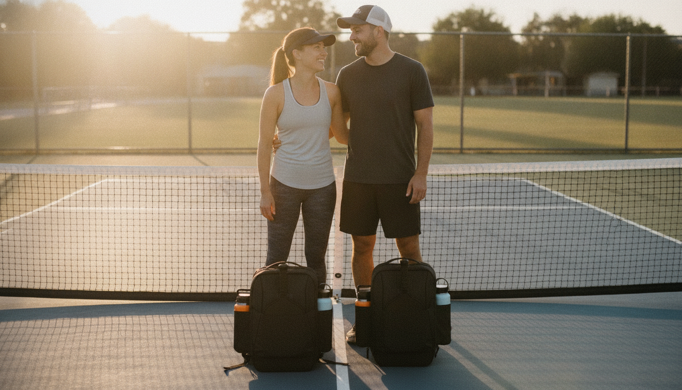 Two pickleball players on outdoor court with bags courtside, smiling after a game together