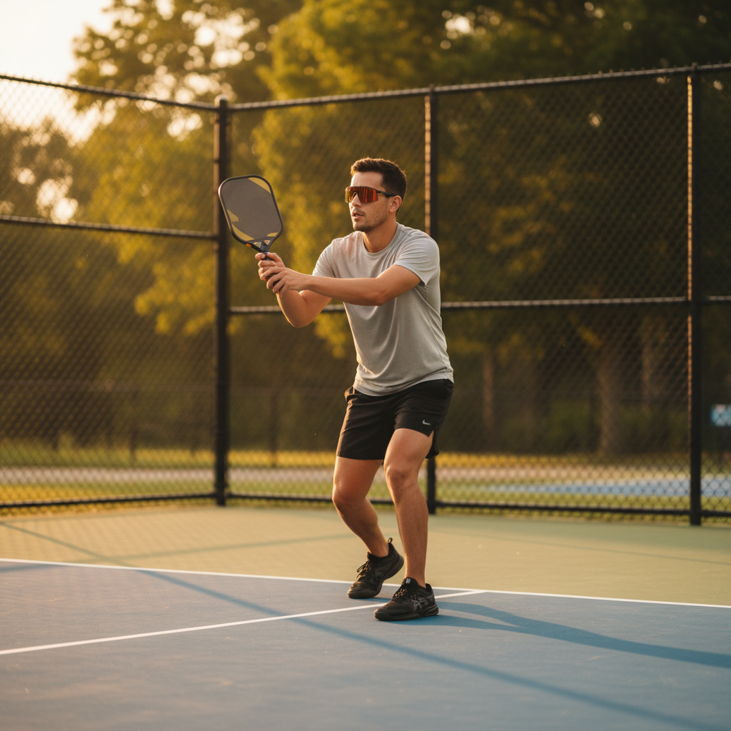Pickleball player on outdoor court at golden-hour morning light wearing amber-tinted sport glasses, paddle raised