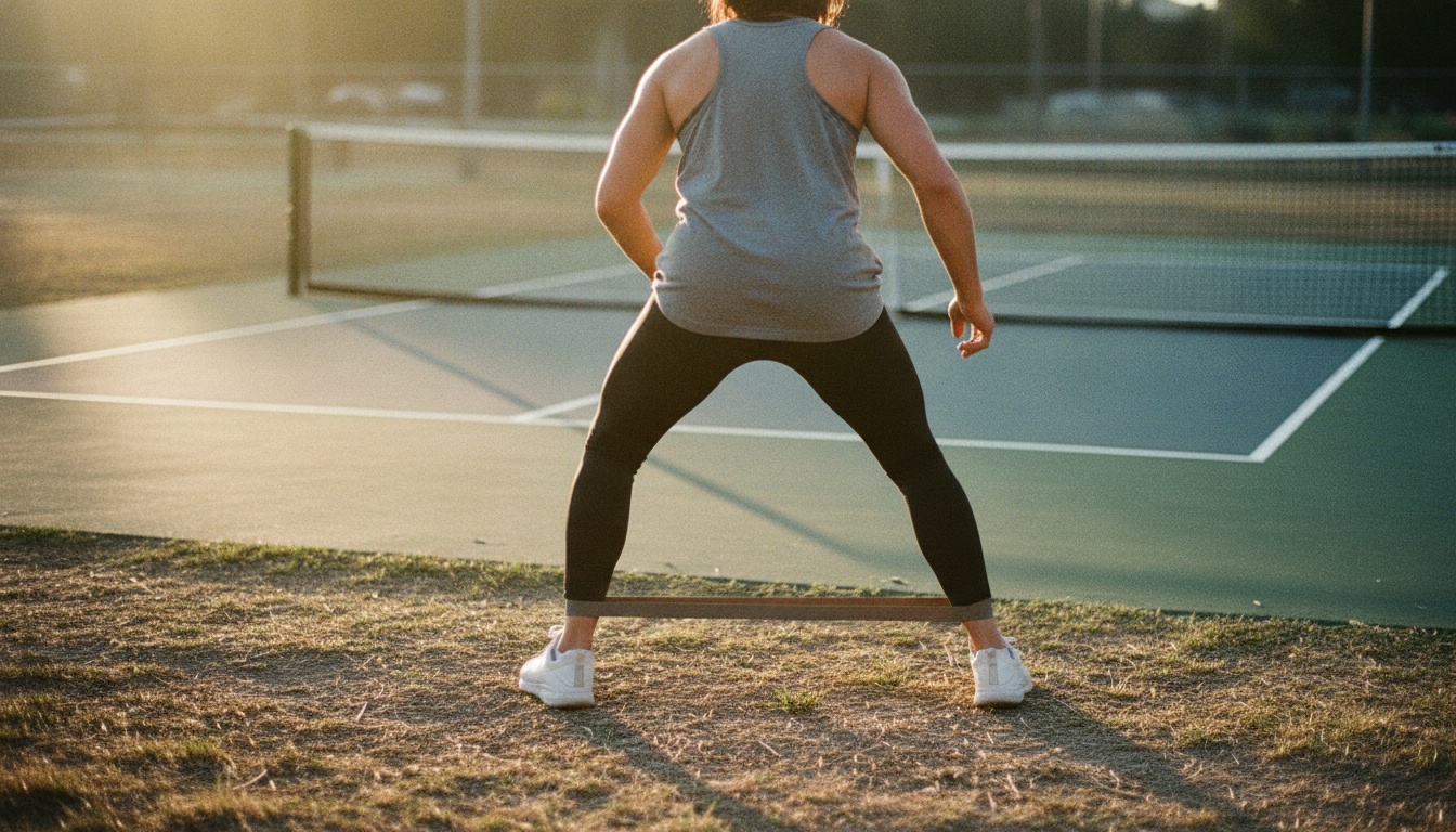 Pickleball player doing lateral resistance band exercises beside an outdoor court at golden hour