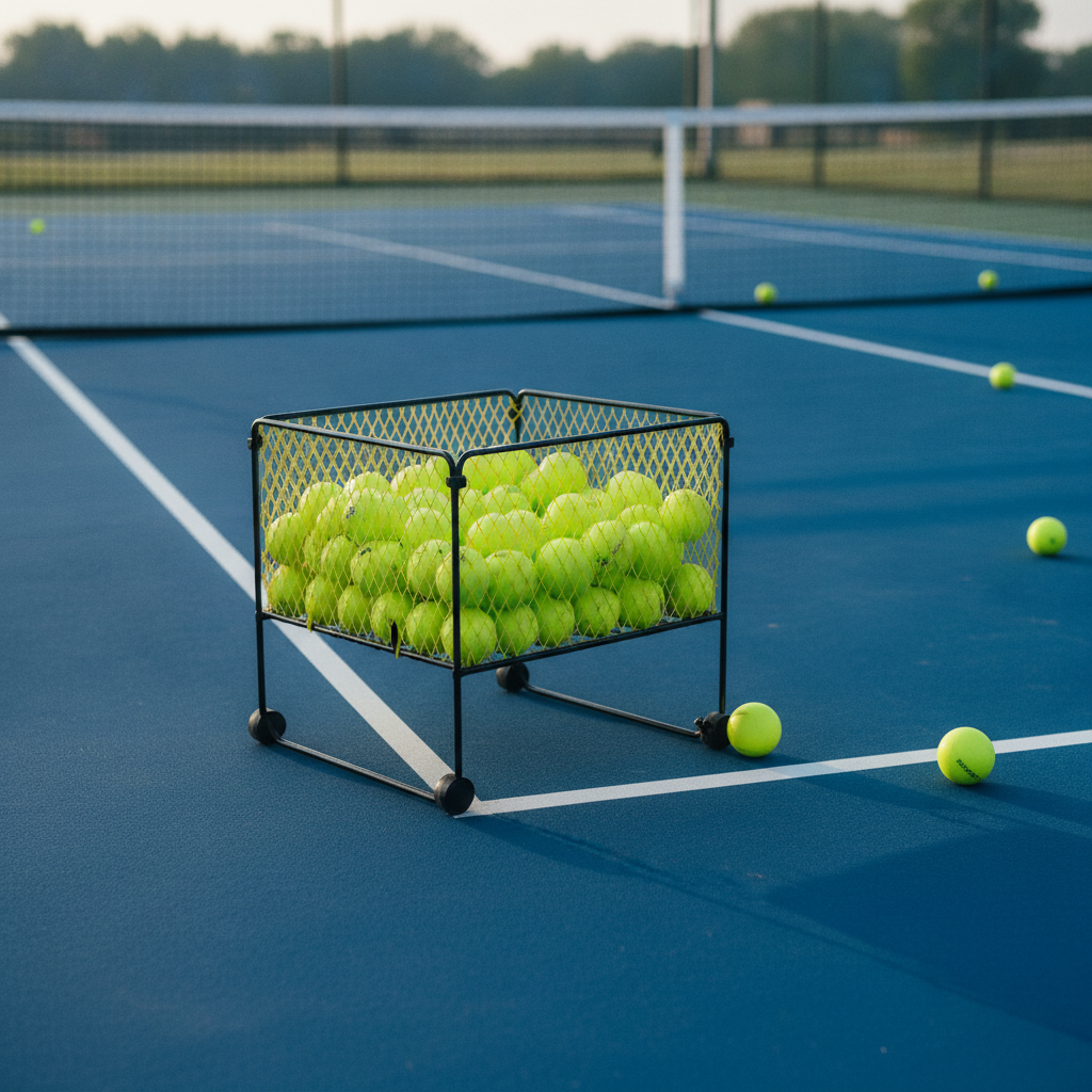 Pickleball ball caddy with wheels on outdoor court, filled with yellow-green pickleballs