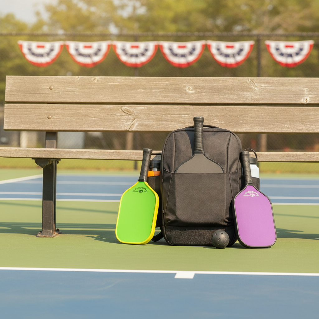 Pickleball paddles and bag on a courtside bench with July 4th red, white, and blue decorations in the background