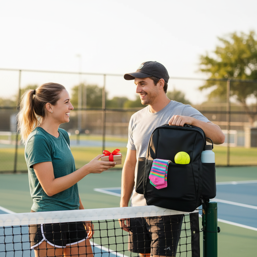 Two pickleball players at an outdoor court, one handing the other a small gift with a FORWRD court backpack nearby