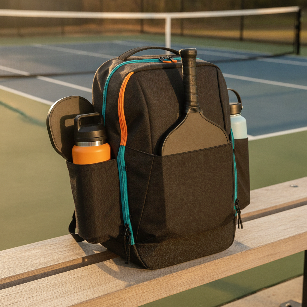 Selkirk Core Series Team Pickleball Backpack sitting courtside on a wooden bench at an outdoor pickleball court