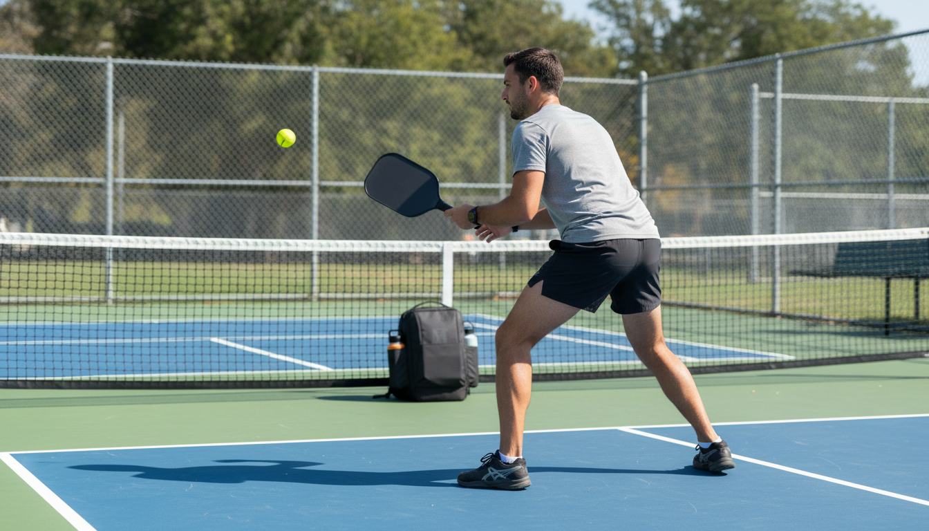 Pickleball player practicing returns from a ball machine during a solo training session on an outdoor court
