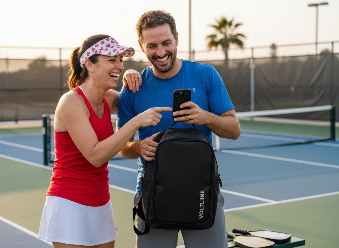 Pickleball couple sharing a laugh courtside after a match, one holding a premium pickleball backpack