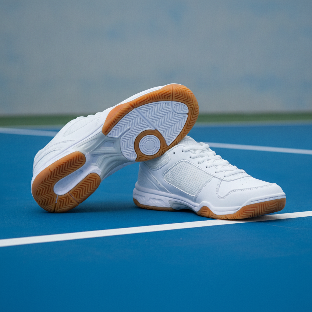 White court shoes on a blue indoor pickleball court, showing lateral support structure