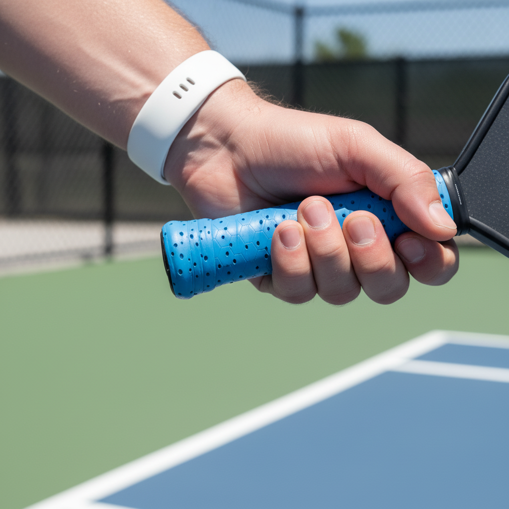 Close-up of pickleball paddle grip with honeycomb texture during play