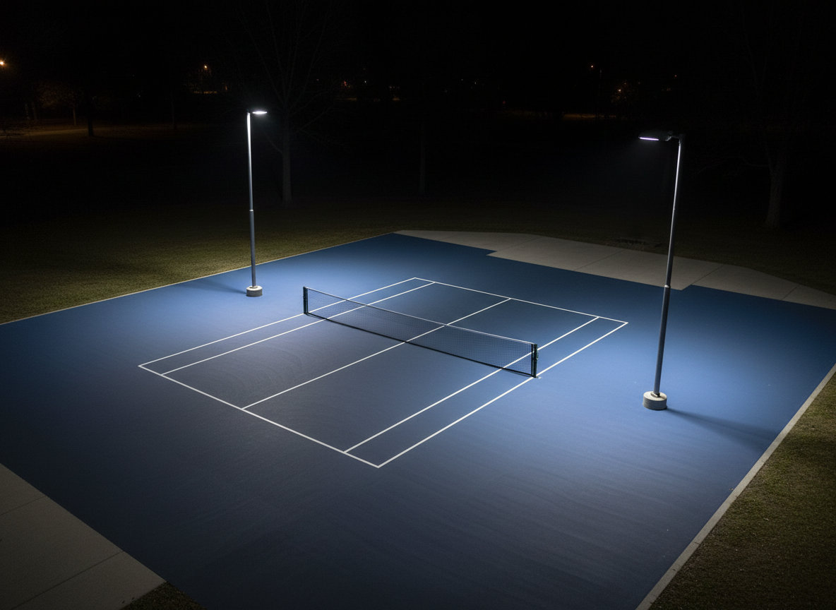 Outdoor pickleball court at night with visible shadow band across the center of the court between two-pole light setup
