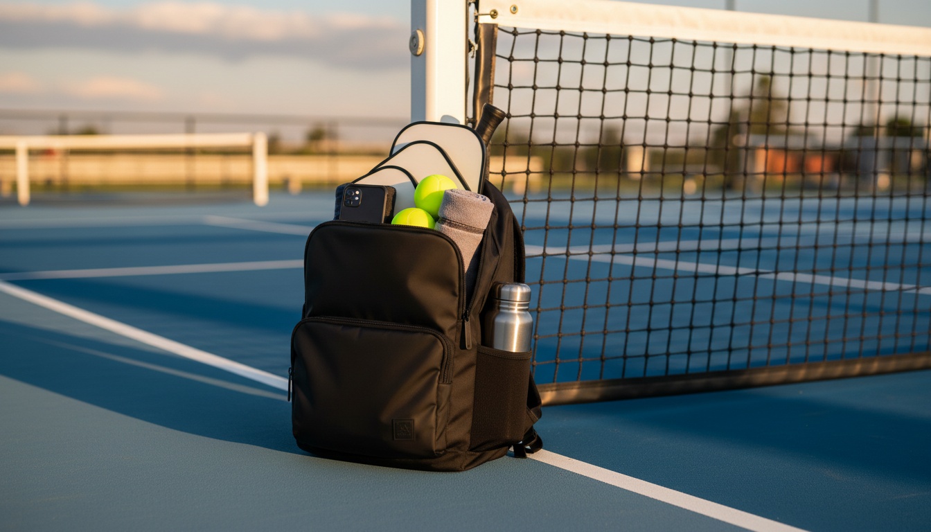 Premium pickleball backpack at courtside on an outdoor court, golden hour light, tournament day