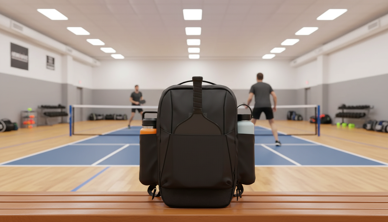 Indoor gym pickleball court — players at the kitchen line on hardwood flooring under gymnasium lighting