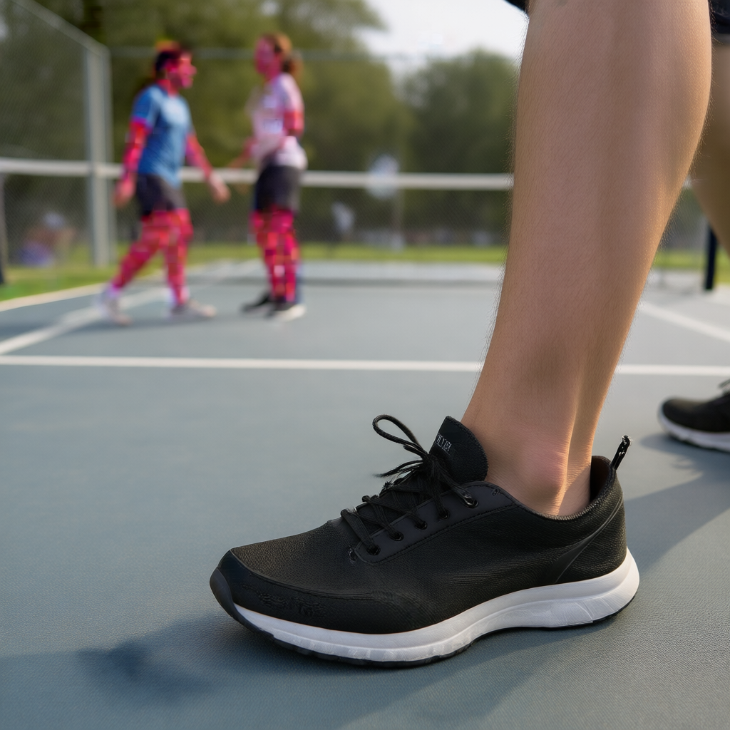 Recreational pickleball players on outdoor court, feet in court shoes making movement