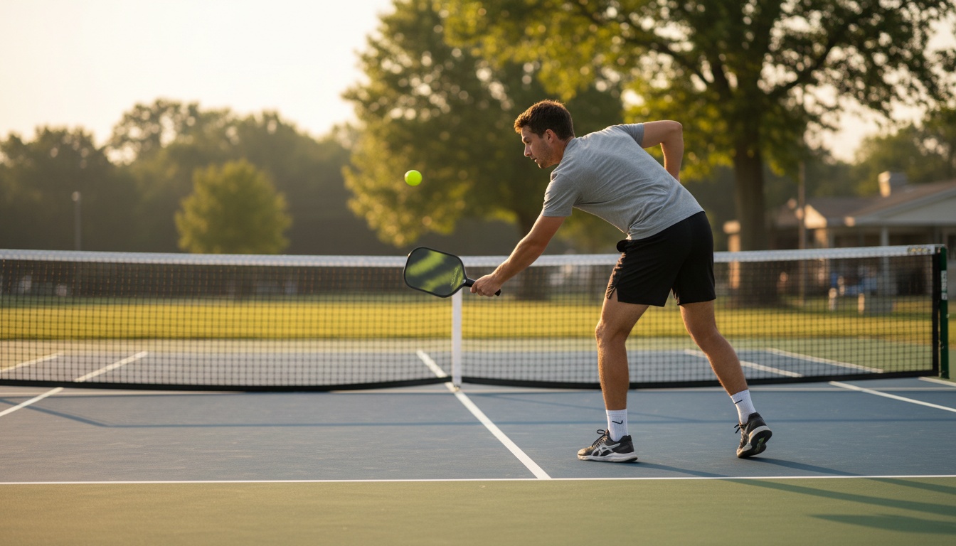 Player hitting a topspin pickleball serve from the baseline with a low-to-high swing path on an outdoor court