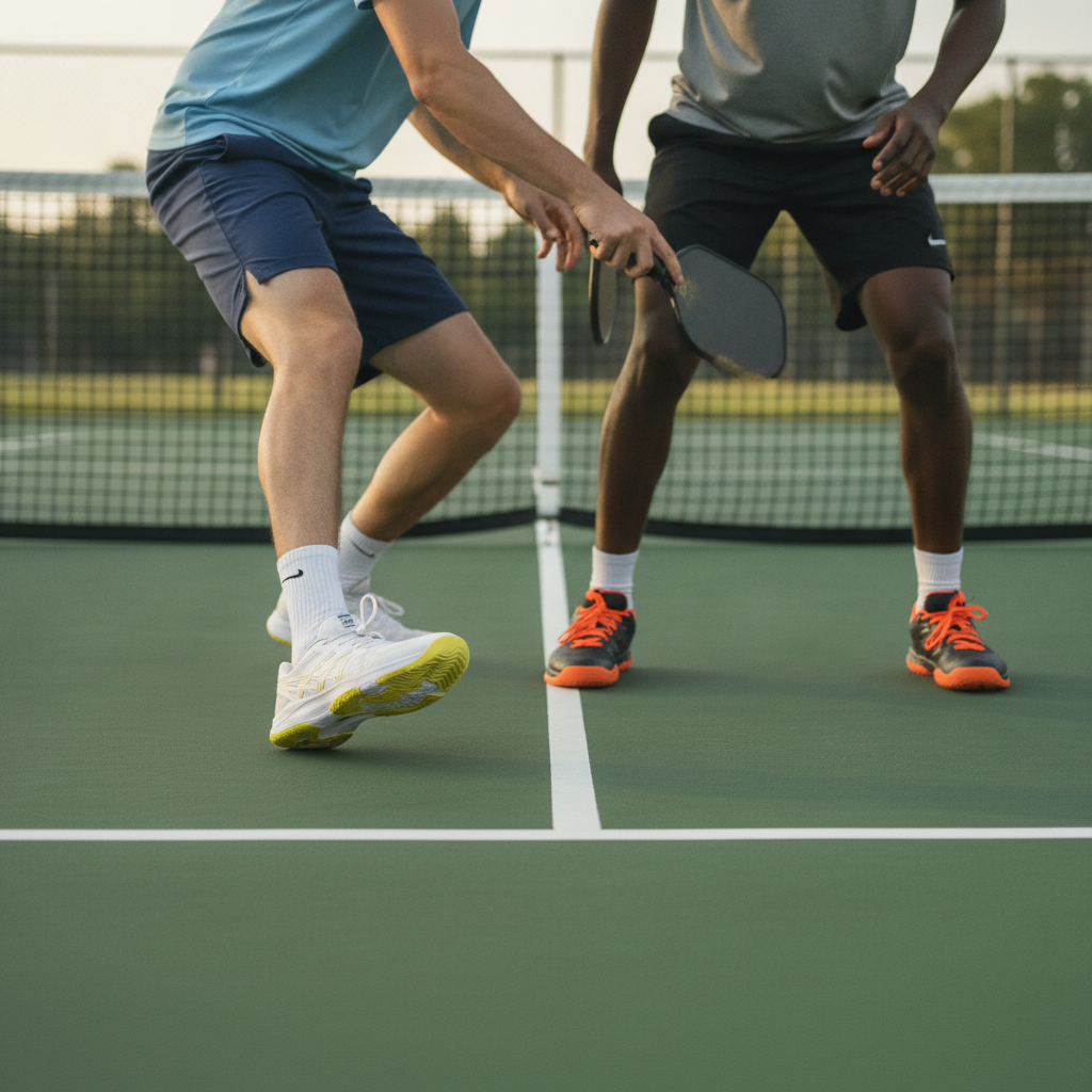 Two pickleball players in dynamic footwork at the non-volley zone on an outdoor court, demonstrating court shoe lateral movement and traction