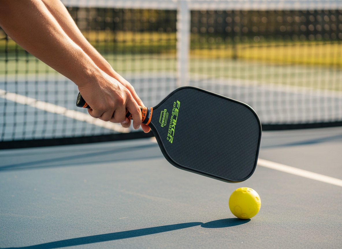 Colorful pink flamingo-themed pickleball paddle on outdoor court showing carbon fiber face in sunlight
