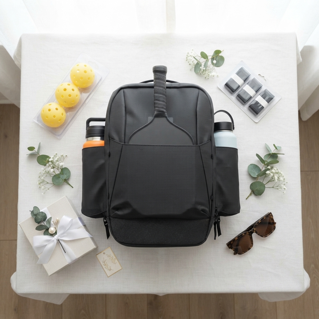 Curated pickleball bridal shower gift set flat lay — backpack, balls, overgrip, sunglasses arranged on white linen