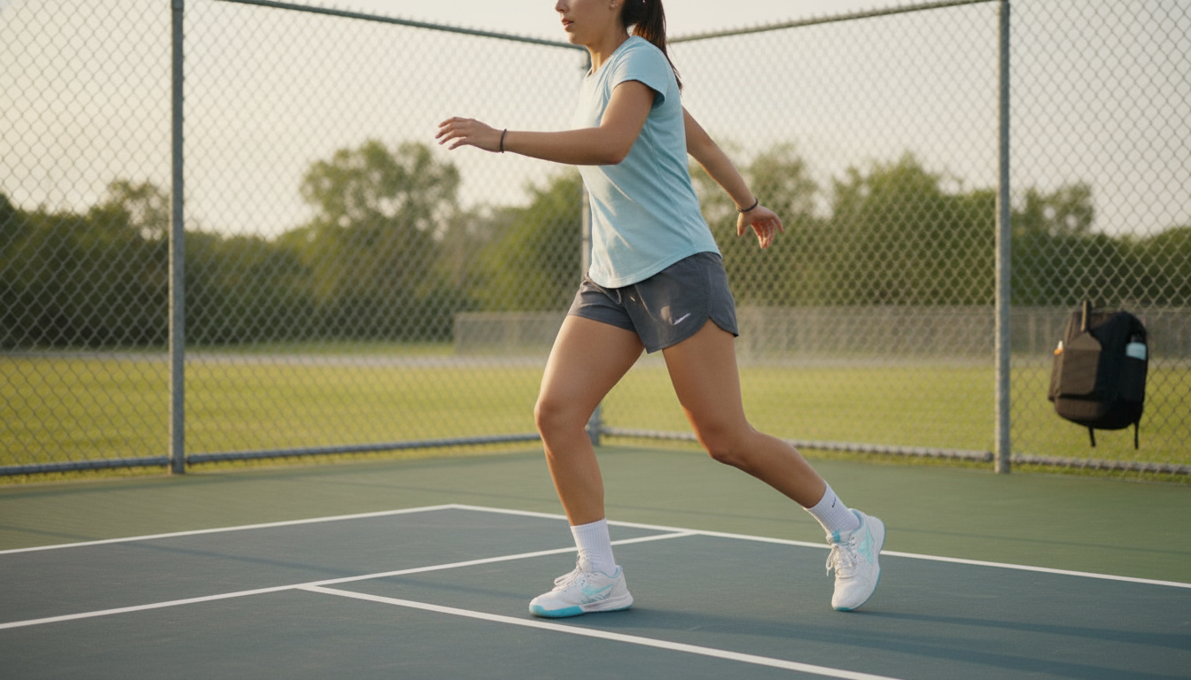 Pickleball player doing lateral shuffle warm-up on outdoor court before a match
