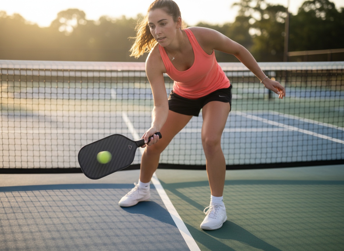 Pickleball player practicing a dink shot at the kitchen line with a carbon fiber paddle, golden afternoon light
