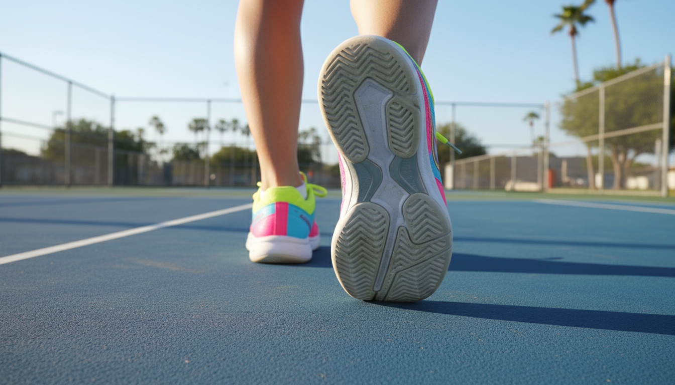 Close-up of women's court shoes making a lateral movement on an outdoor pickleball court