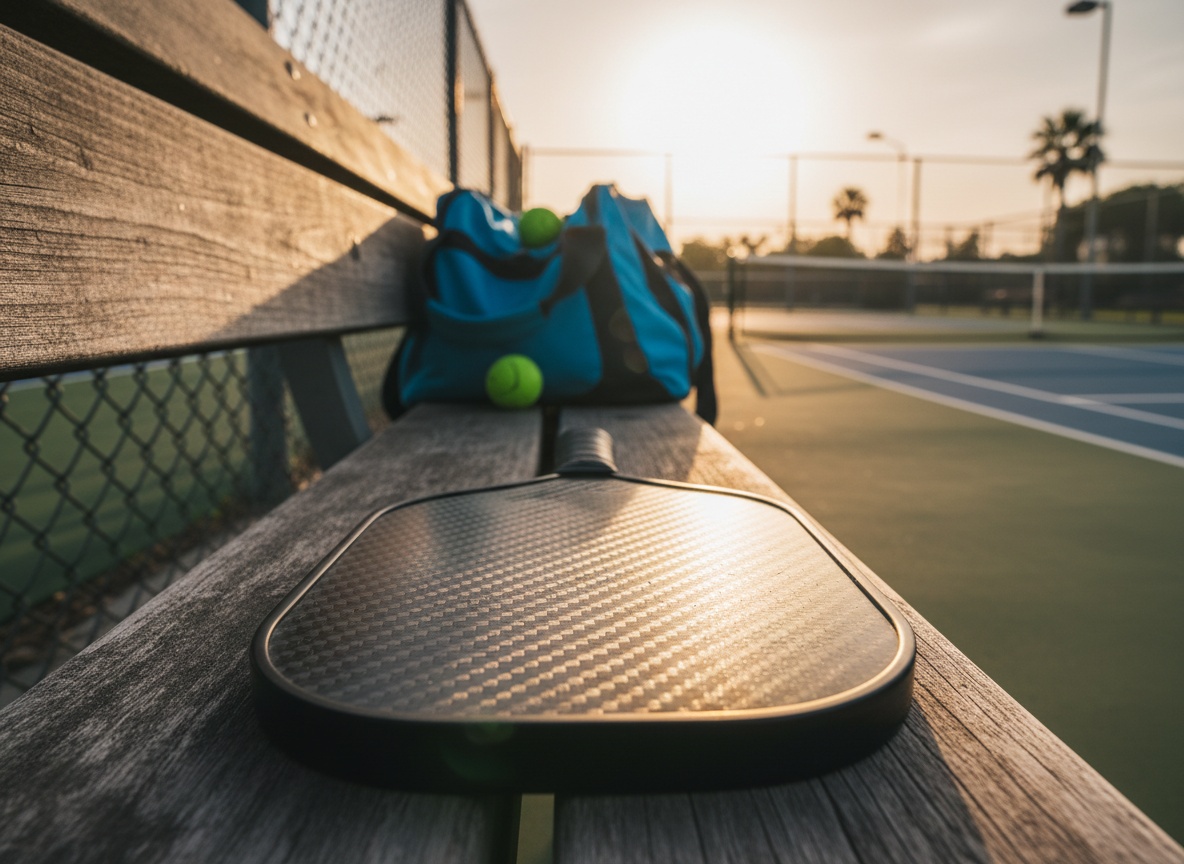 Carbon fiber pickleball paddle face resting on courtside bench showing textured surface